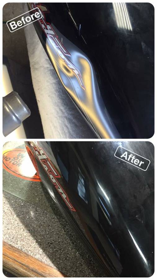  This is a Harley Davidson tank. The owner had his bike and his brothers bike on a trailer and during transit the other motorcyle tipped into his. He was fortunate that he didnt have paint loss.  